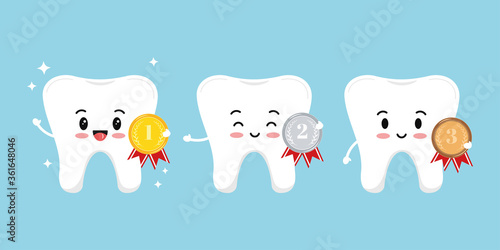 Teeth with medal golden, silver, bronze with laurel branches and red ribbon isolated on white background. White healthy tooth with first, second, third place emblem. Vector flat design illustration.