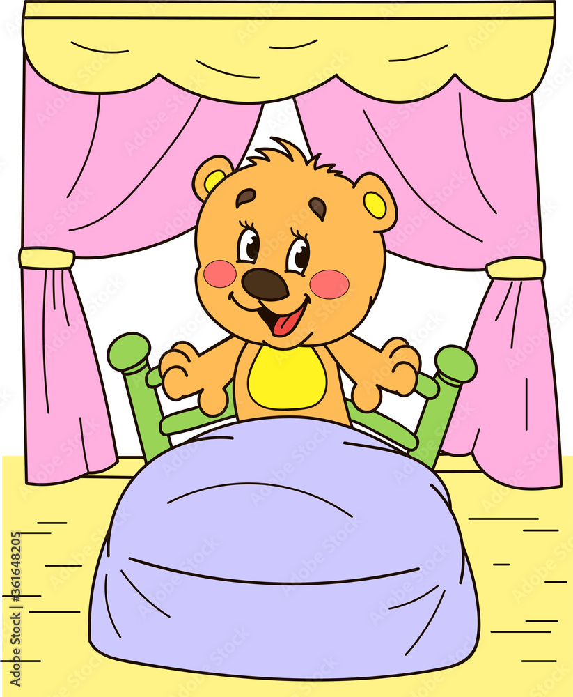 Coloring page outline of cartoon smiling cute bear in bed. Colorful ...
