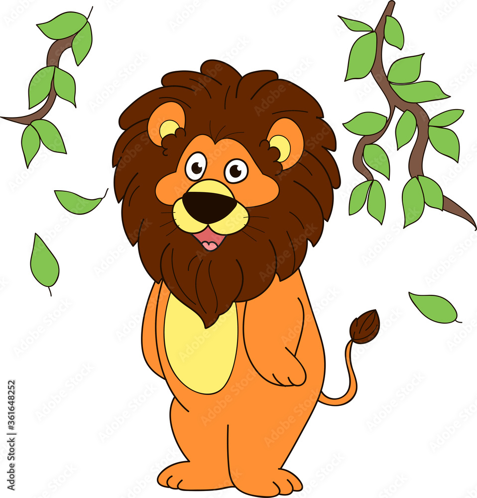 Coloring page outline of cartoon smiling cute lion in the forest. Colorful vector illustration, summer coloring book for kids. Coloring page outline of cartoon smiling cute lion in the forest. Colorful vector illustration, summer coloring book for kids.