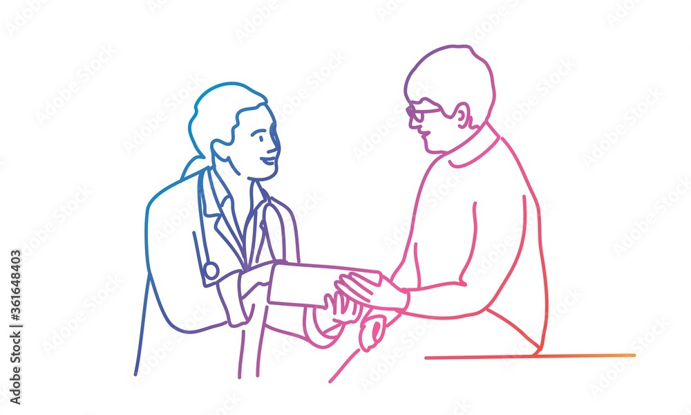 Doctor with female patient. Rainbow colours in linear vector illustration. Doctor with female patient. Rainbow colours in linear vector illustration.