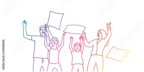 Happy family have fun at home and throw pillows. Rainbow colours in linear vector illustration.