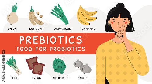 Flat vector illustration of a female thinking about prebiotic products. Sources of these bacteria is nutrient rich food such as soy beans, asparagus, onion, banana, garlic, artichoke, bread, leek.