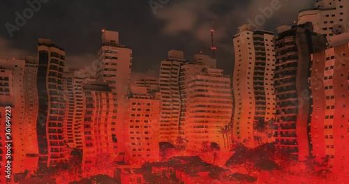 Burning city. Animation of buildings of the city on fire, heat wave, sparks. Chaotic scenery.