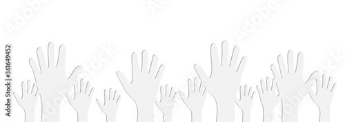 White Illustration of Human Hands Raised Up on Light Gray Background Paper Cutout