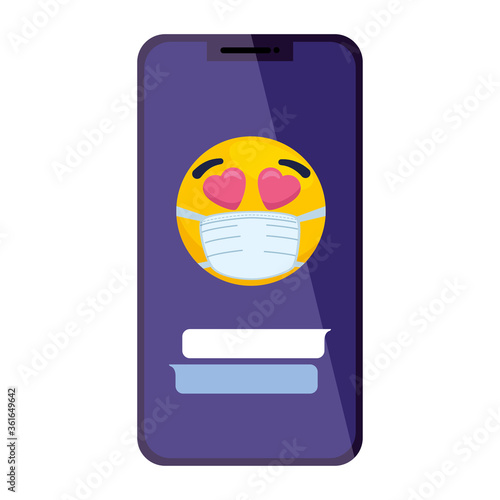 smartphone with lovely wearing medical mask on white background vector illustration design