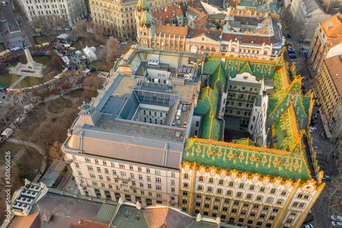 Photography Aerial drone shot of Art nouveau style rooftop in Budapest liberty squaare