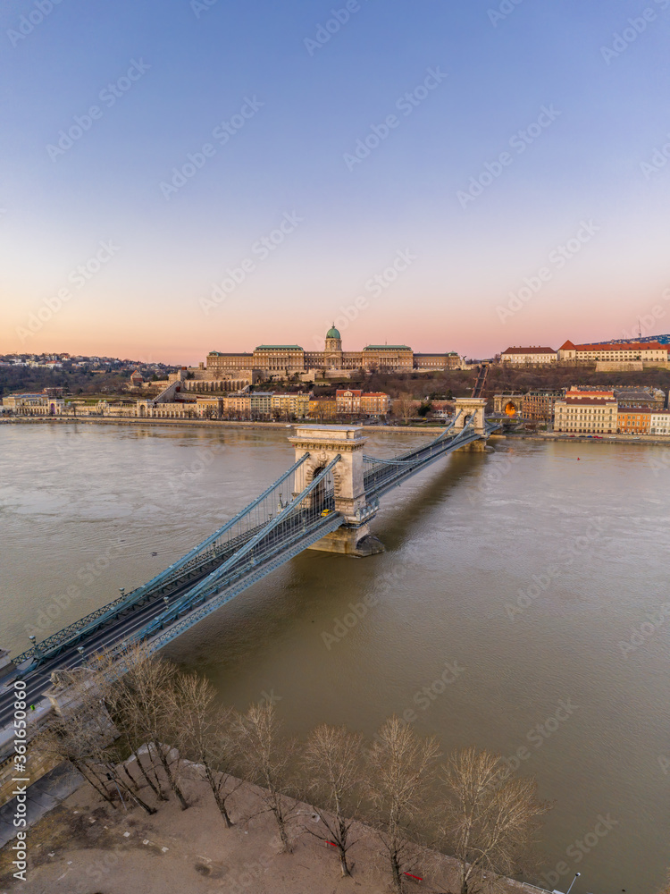Aerial drone shot of Chain bridge before Buda Castle before Budapest sunrise