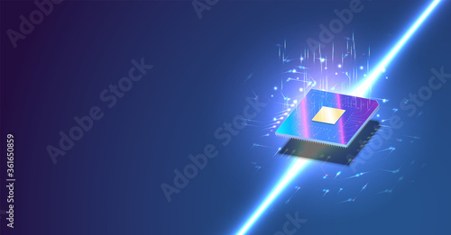 CPU isometric banner. Control Computer Processors CPU concept. Vector Futuristic microchip processor with lights on the blue background. Quantum computer, large data processing, database concept. 