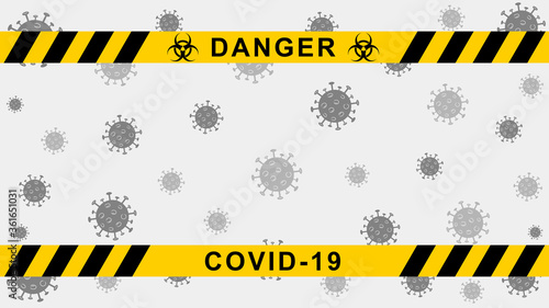 Vector quarantine background. Coronavirus warning banner with black and yellow stripes. Covid-19 outbreake. Stay at home attent banner.