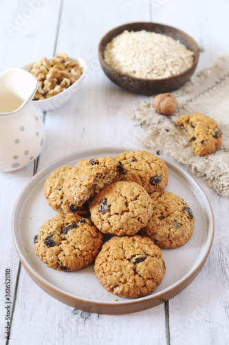 Homemade oatmeal cookies with raisins and walnuts