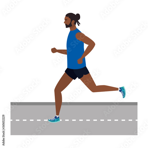 man afro running on highway, man afro in sportswear jogging, male afro athlete vector illustration design