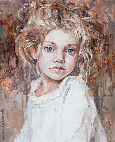 Fototapeta Naklejka Na Ścianę i Meble -  The curly-haired cutie with tender blue eyes on a brown background. Oil painting.
