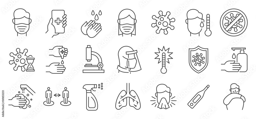 Flu and coronavirus icons set. Collection of linear simple web icons such as hygiene, disinfection, symptoms, treatment, virus, prevention and other. Editable vector stroke. Flu and coronavirus icons set. Collection of linear simple web icons such as hygiene, disinfection, symptoms, treatment, virus, prevention and other. Editable vector stroke.