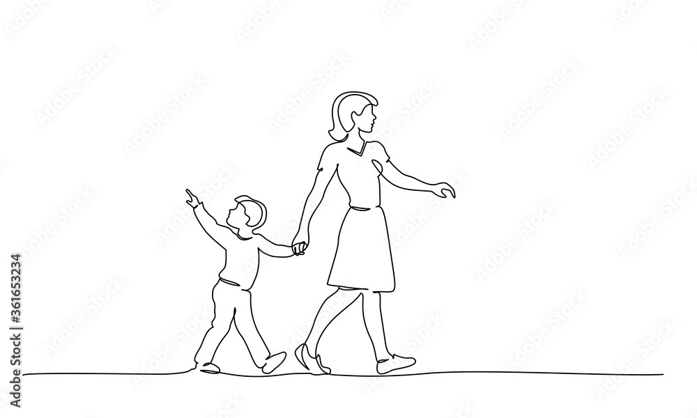 Happy mother and chlid boy walking together