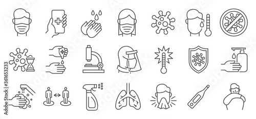 Flu and coronavirus icons set. Collection of linear simple web icons such as hygiene, disinfection, symptoms, treatment, virus, prevention and other. Editable vector stroke.