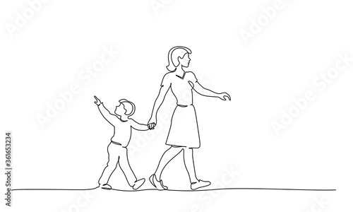 Happy mother and chlid boy walking together