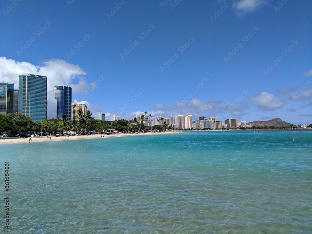 Ala Moana Beach Park with office building and condos in the background