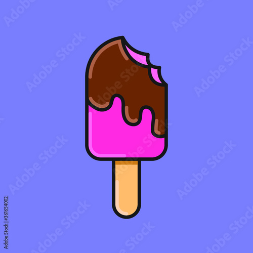 Bitten popsicle ice cream on a stick dipped in chocolate