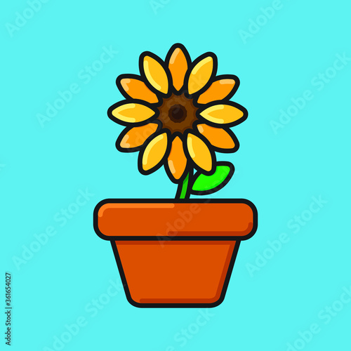 Sunflower plant with one leaf planted on a brown vase