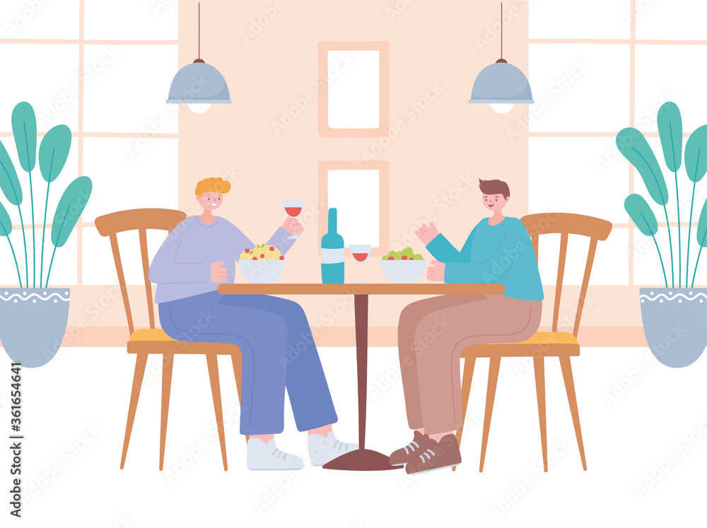 Fototapeta premium restaurant social distancing, men eating in table new normal life, covid 19 pandemic, prevention of coronavirus infection