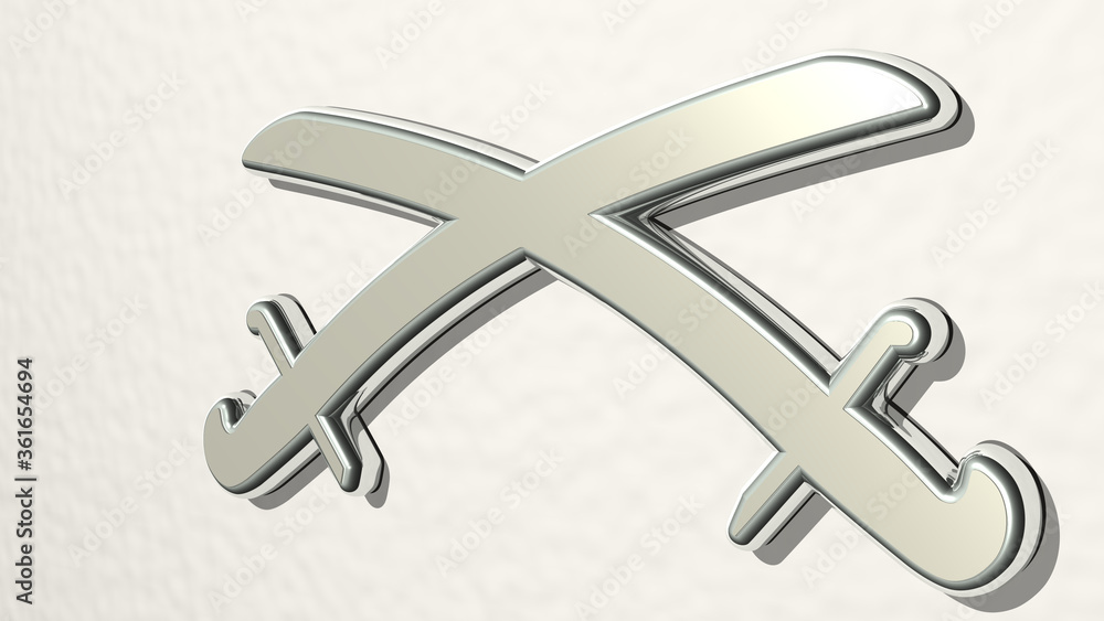 swords on the wall. 3D illustration of metallic sculpture over a white background with mild texture. ancient and battle