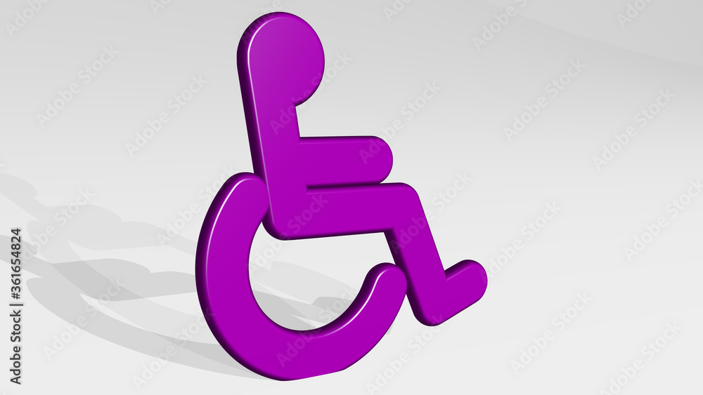 disabled sign from a perspective on the wall. A thick sculpture made of metallic materials of 3D rendering. wheelchair and disability disabled sign from a perspective on the wall. A thick sculpture made of metallic materials of 3D rendering. wheelchair and disability