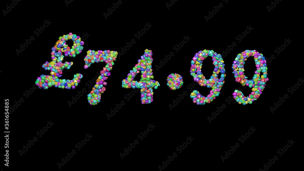 £74.99 written in 3D illustration by colorful small objects casting shadow on a black background