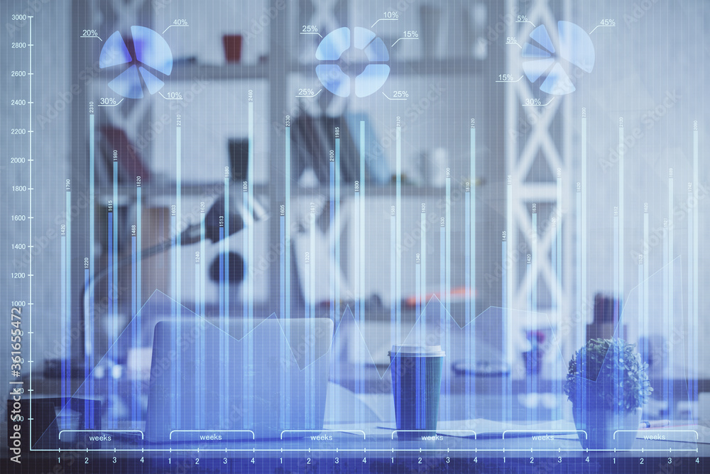 Double exposure of stock market graph drawing and office interior background. Concept of financial analysis. Double exposure of stock market graph drawing and office interior background. Concept of financial analysis.