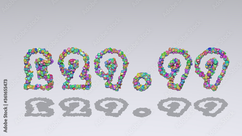 Colorful 3D writting of £29.99 text with small objects over a white background and matching shadow Colorful 3D writting of £29.99 text with small objects over a white background and matching shadow
