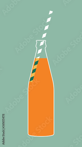 Bottle with an orange drink, soda, with drinking tube, straw on a blue background. Vector illustration in minimal flat style.