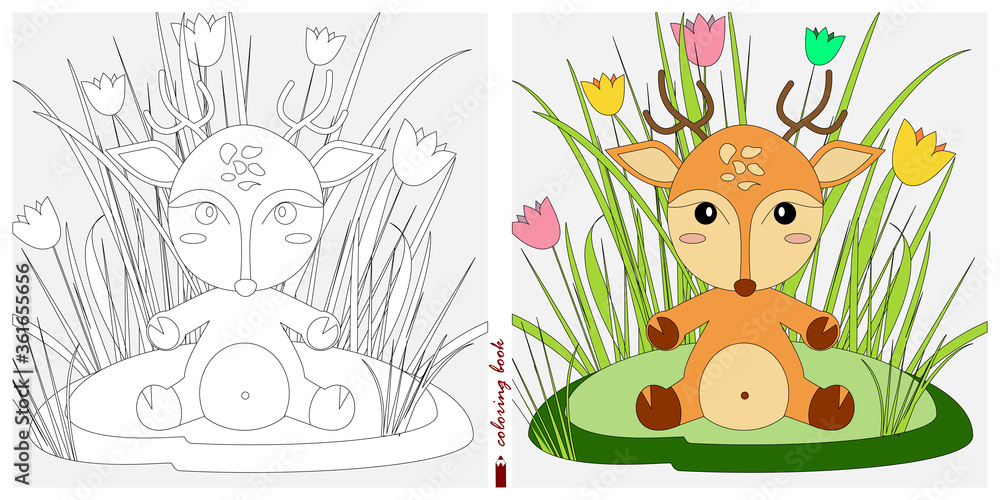 Fototapeta premium Black and white and color images for a color book. Contour drawing with children's themes. A fawn is sitting in a clearing among reeds and ferns. For color books, children's prints, postcards