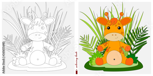 Black and white and color images for a color book. Contour drawing with children's themes. A baby giraffe is sitting in a clearing among reeds and ferns. For color books, children's prints, postcards
