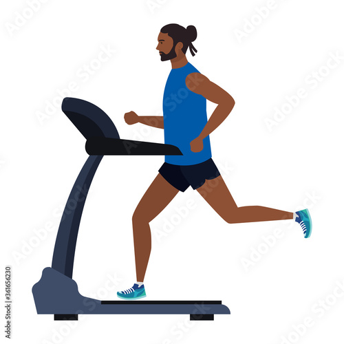 Fototapeta Naklejka Na Ścianę i Meble -  sport, man afro running on treadmill, sport person afro at the electrical training machine on white background vector illustration design