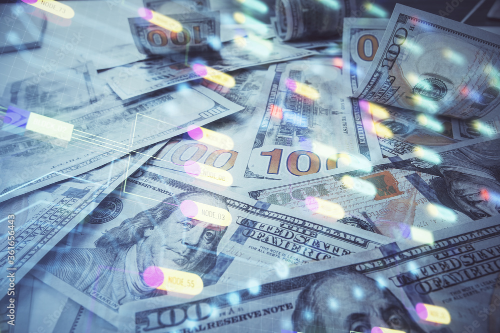 Double exposure of data theme drawing over us dollars bill background. Technology concept. Double exposure of data theme drawing over us dollars bill background. Technology concept.
