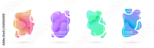 Set of fluid shapes with white frame. Abstract trendy elements on white backdrop. Calm liquid design collection. Simple color splash for poster, banner, brochure. Vector illustration