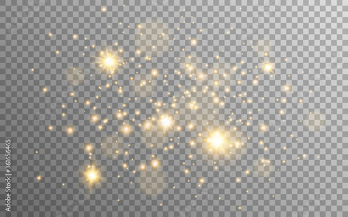 Gold glitter and stars on transparent background. Golden particles with stardust. Magic lights composition. Special light effect. Festive luxury shine. Vector illustration photo
