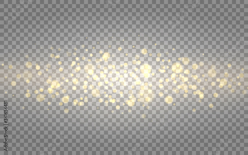 Glowing light and gold bokeh on transparent backdrop. Shining particles and stars. Gold glitter effect. Festive banner template with luxury sparks. Vector illustration