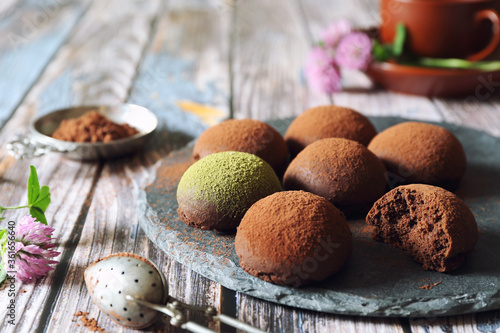 Gluten free pastries. Buckwheat flour cookies with cocoa, matcha tea or cocoa powder dressig