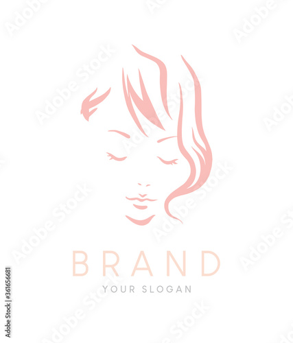 Template for beauty logo with digitally hand drawn girl face