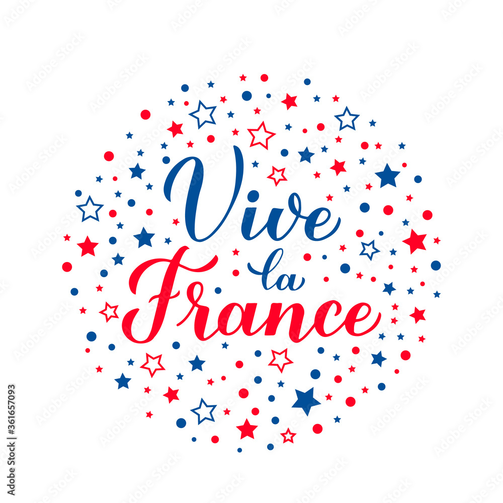 Vive la France calligraphy hand lettering with red and blue dots and stars. Long Live France in French. Vector template for typography poster, banner, flyer, postcard, logo design, etc