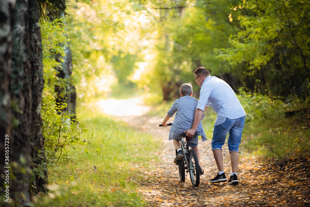 Fototapeta premium Father teaches son to ride the bicycle