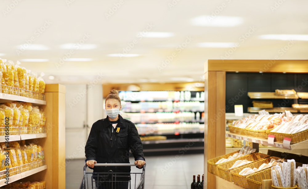 Supermarket shopping, face mask and gloves,Woman choosing a dairy products at supermarket	
