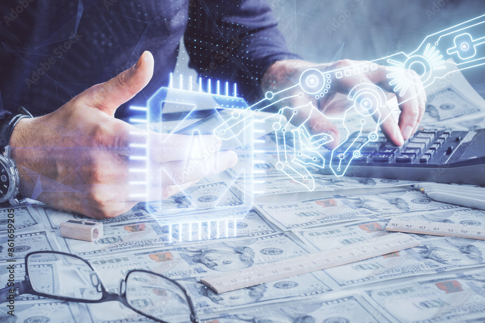 Multi exposure of man's hand holding and using a digital device and data theme drawing. Innovation concept.