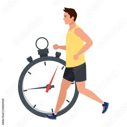 man running with stopwatch, man in sportswear jogging, male athlete with chronometer on white background vector illustration design