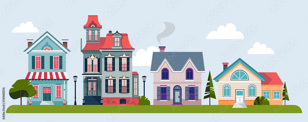 Urban landscape or view of European city street with beautiful buildings, residential houses, shops, sidewalk cafe. Banner with building facades. Flat vector illustration.
