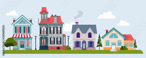 Urban landscape or view of European city street with beautiful buildings, residential houses, shops, sidewalk cafe. Banner with building facades. Flat vector illustration.