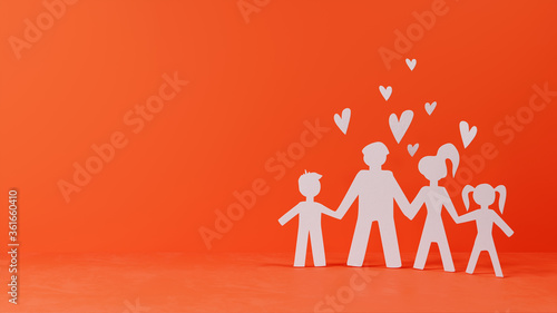 cutout paper family holding hands silhouette on orange background, 3D illustration, concept background
