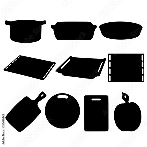 Handicaps for baking, roasting of meat, roasting of fish cauldrons, baking sheets, cutting boards, pots for baking meat and fish. Vector image.