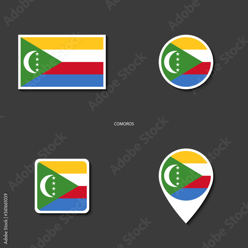 Comoros flag icon set in different shape (rectangle, circle, square and marker icon) on dark grey background. Comoros sticker flag collection on barely dark background.