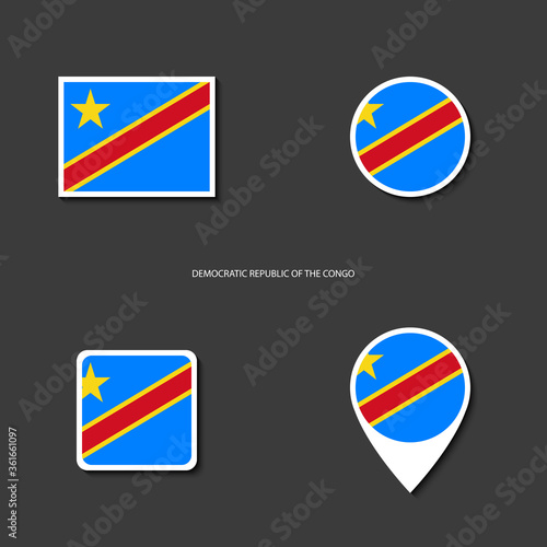 Democratic Republic of Congo flag icon set in different shape (rectangle, circle, square and marker icon) on dark grey background. Congo sticker flag collection on barely dark background.